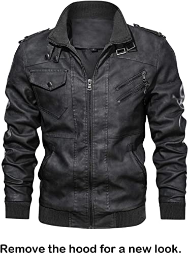 HOOD CREW Men’s PU Faux Leather Motorcycle Bomber